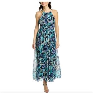 London Times,NWT,Petites Halter Ruched Waist Mesh Maxi Dress Navy Mint G…